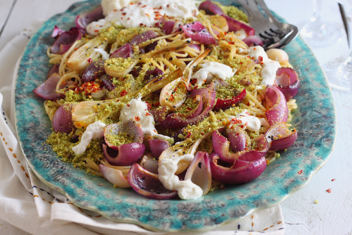 Spaghetti with Nigella-Roasted Onions Herbed Breadcrumbs and Burrata