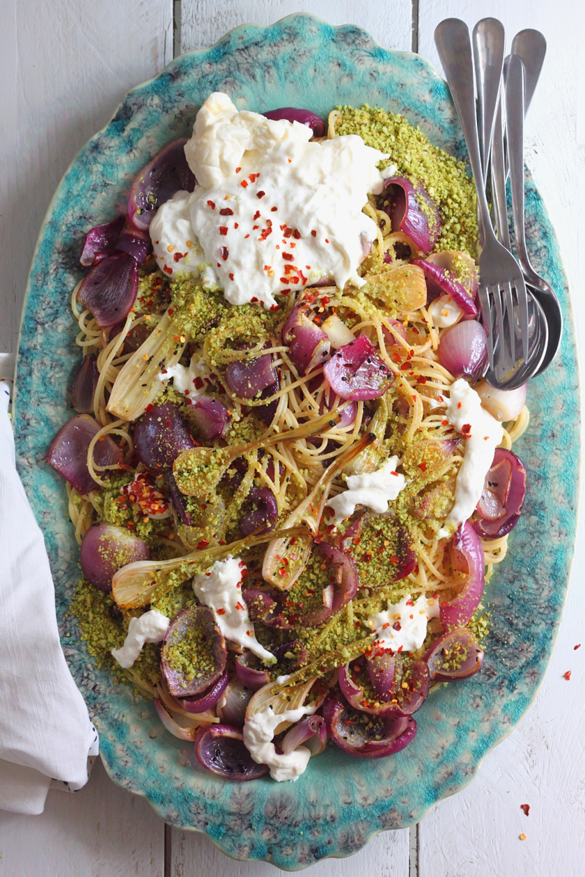 Spaghetti with Nigella-Roasted Onions Herbed Breadcrumbs and Burrata