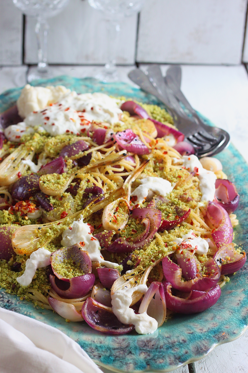 Spaghetti with Nigella-Roasted Onions Herbed Breadcrumbs and Burrata