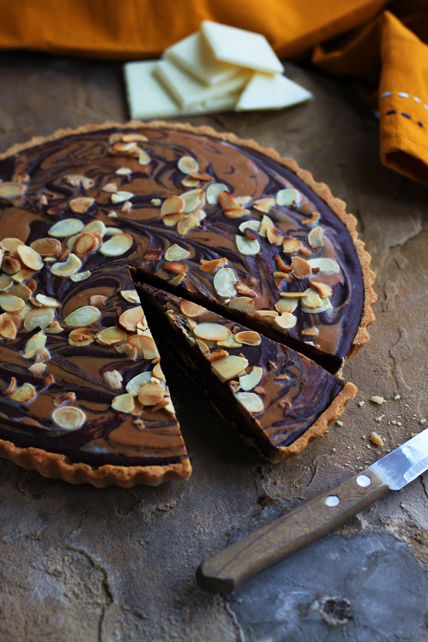 Eggless Dark Chocolate, Almond and Roasted White Chocolate Tart 