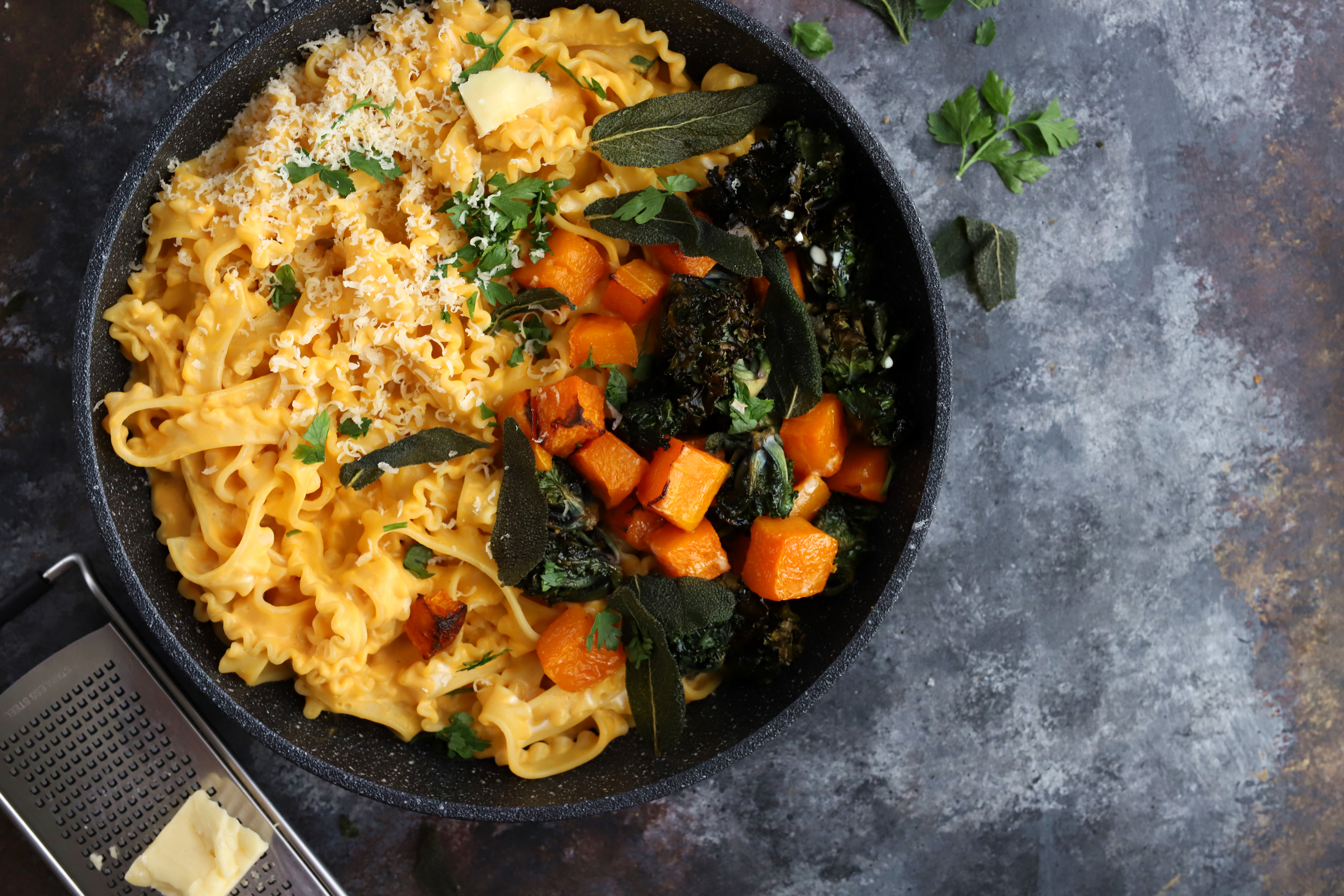 Squash & Mascarpone Pasta with Crispy Kalettes