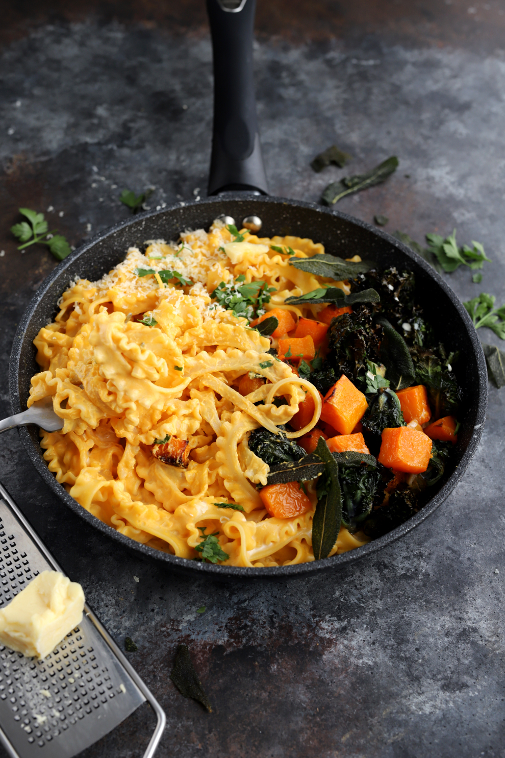 Squash & Mascarpone Pasta with Crispy Kalettes