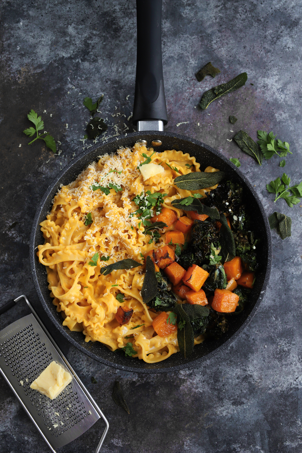 Squash & Mascarpone Pasta with Crispy Kalettes