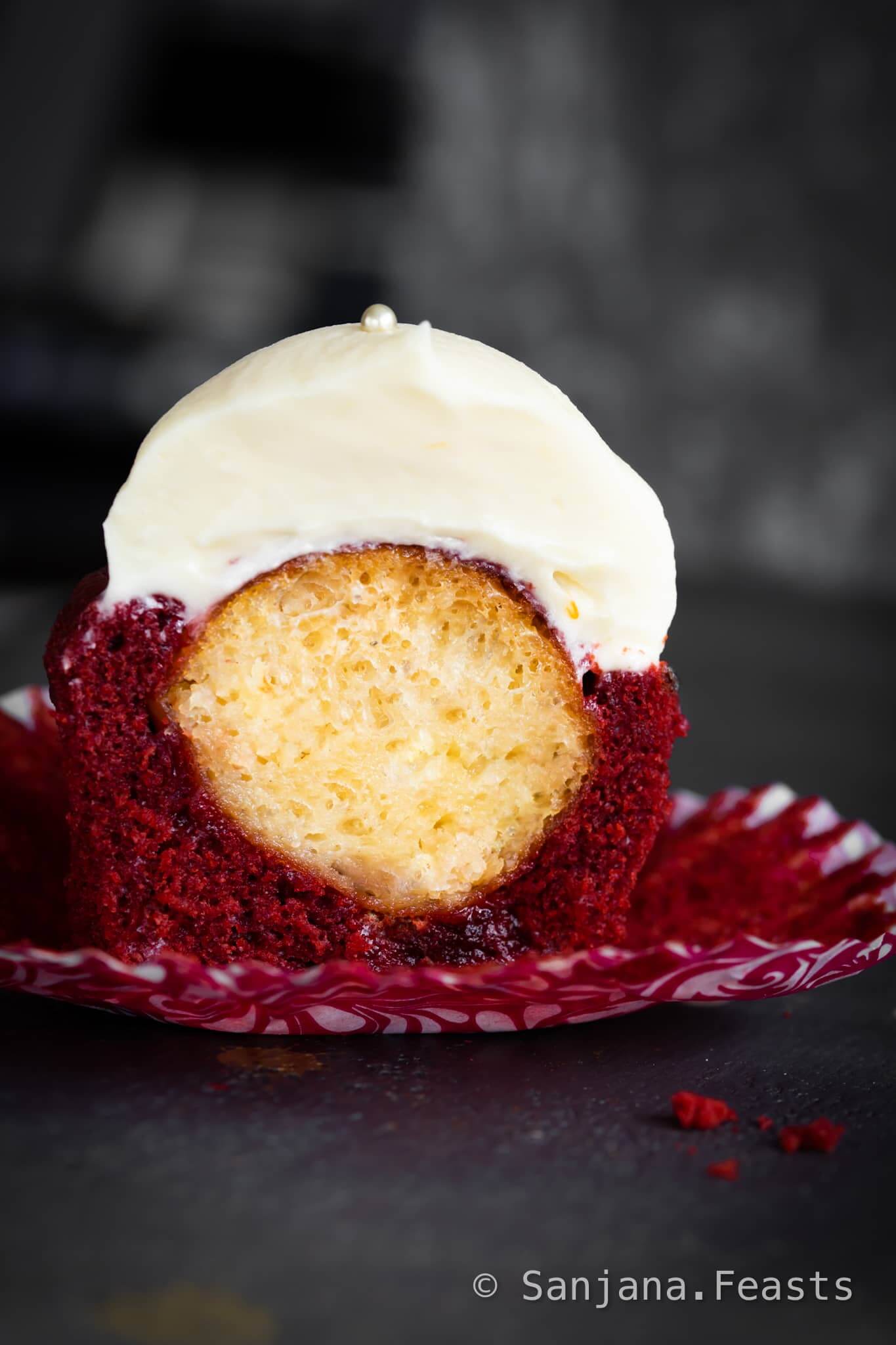 Eggless Gulab Jamun-Stuffed Red Velvet Cupcakes