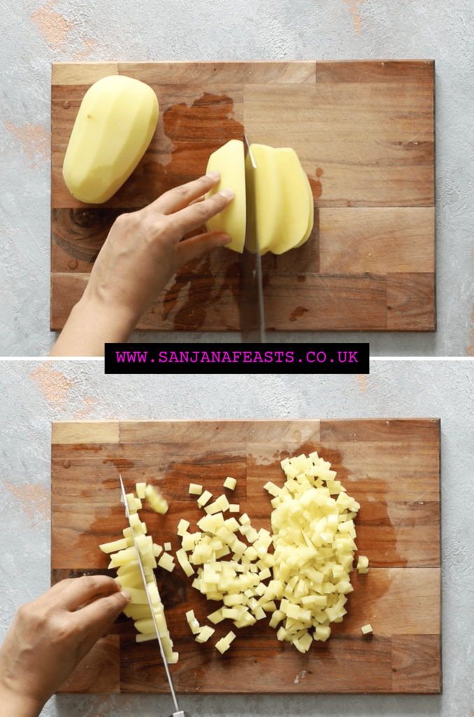 Chop potatoes into small dices for the samosa