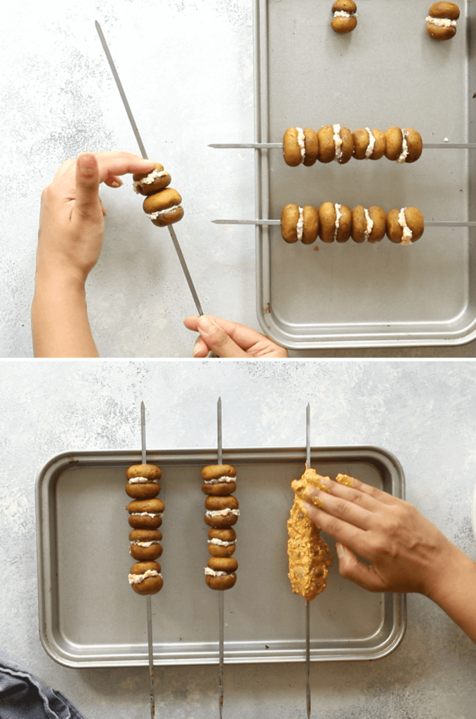 Making stuffed mushroom tikka skewers