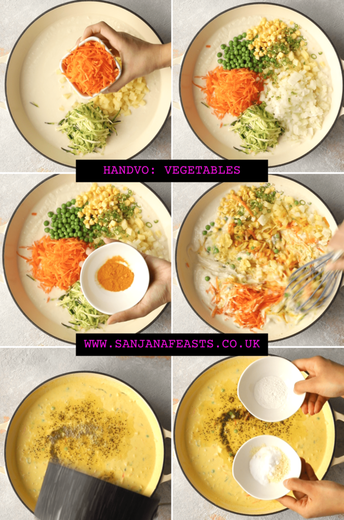 Add vegetables to handvo mix Perfect Handvo (Gujarati Lentil Cake)