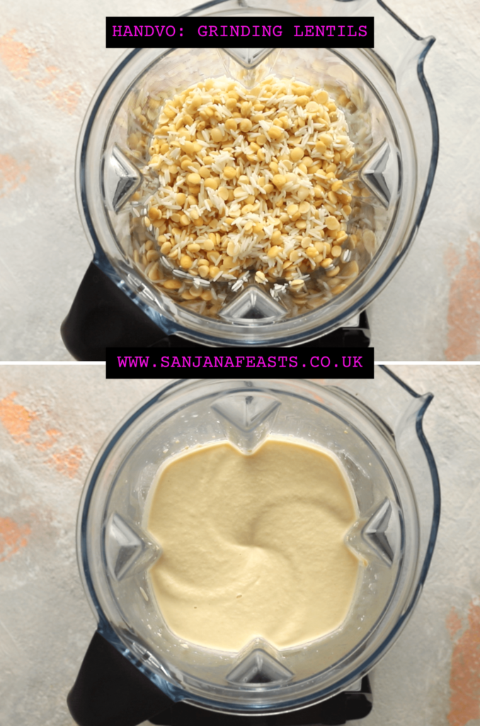 Homemade handvo mix - lentils and rice in a blender