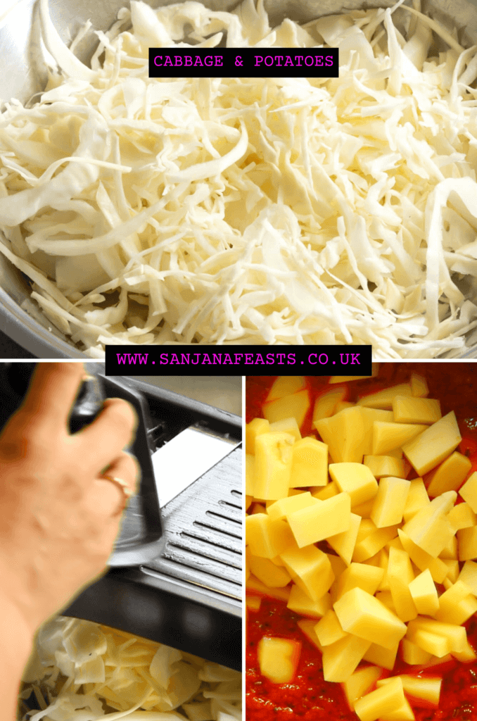 Shred the cabbage and dice the potatoes