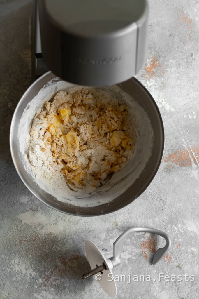 Ingredients for doughnuts in a stand mixer