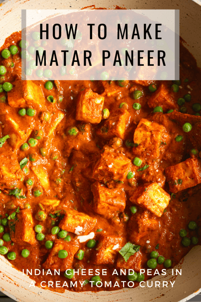 Matar paneer is an Indian curry with paneer cheese and peas in tomato curry sauce
