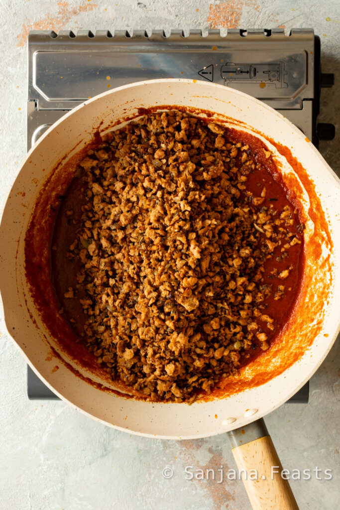 ground soya mince goes in to the tomato sauce