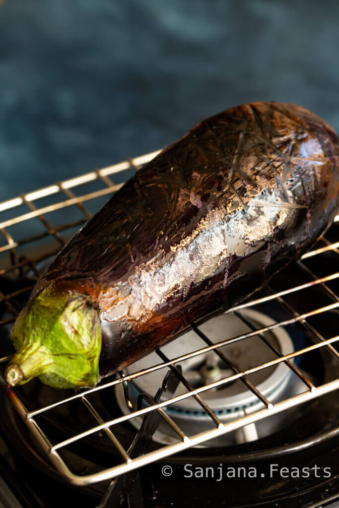 burnt aubergine over stove top