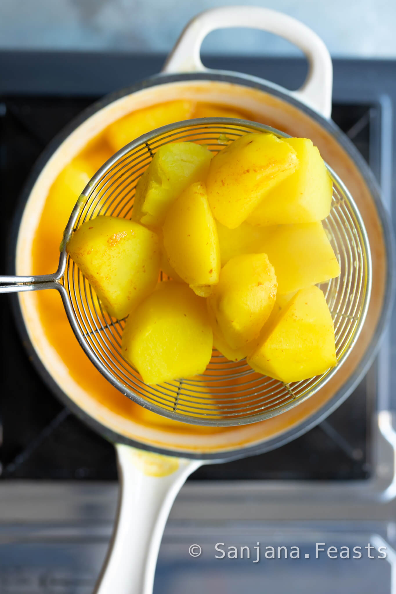 The potatoes aloo should be golden and tender